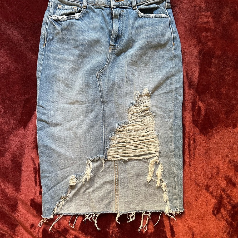 Zara Blue Distressed Denim Midi Skirt